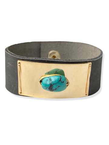 Gold Plate Snap- Charcoal Leather & Turquoise