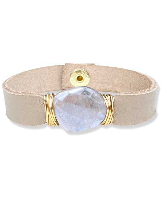 Leather Snap Bracelet- Moonstone