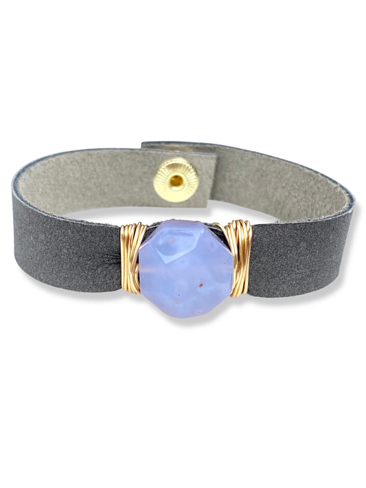 Leather Snap Bracelet- Blue Lace Agate