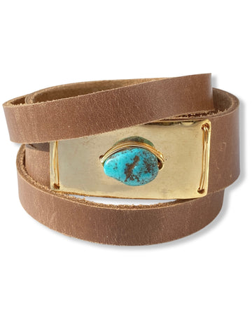 Gold Plate Wrap- Caramel Leather & Turquoise