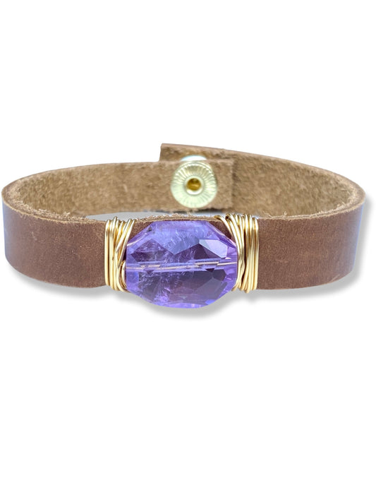 Leather Snap Bracelet- Amethyst