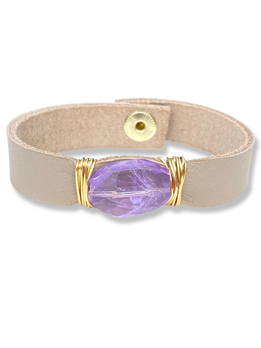 Leather Snap Bracelet- Amethyst