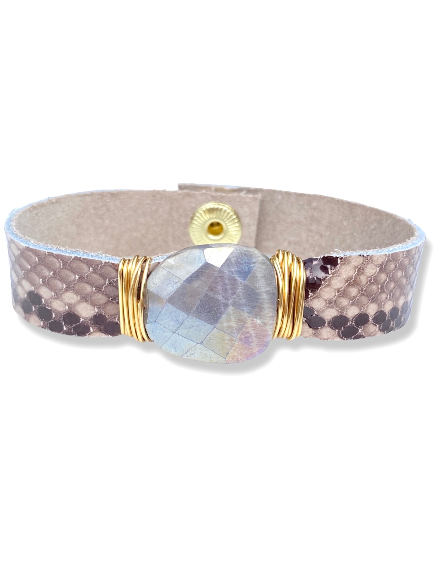 Leather Snap Bracelet- Moonstone