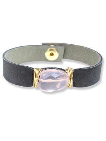 Leather Snap Bracelet- Rose Quartz