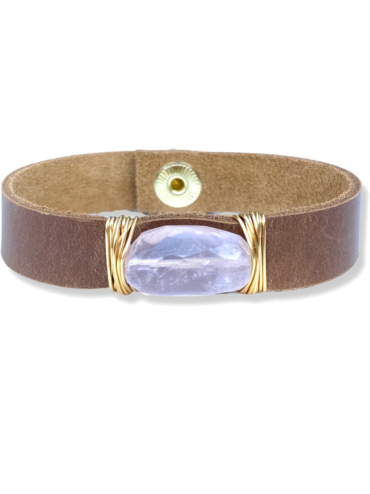 Leather Snap Bracelet- Rose Quartz