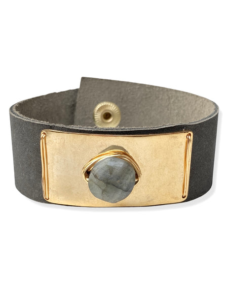 Gold Plate Snap- Charcoal Leather & Labradorite