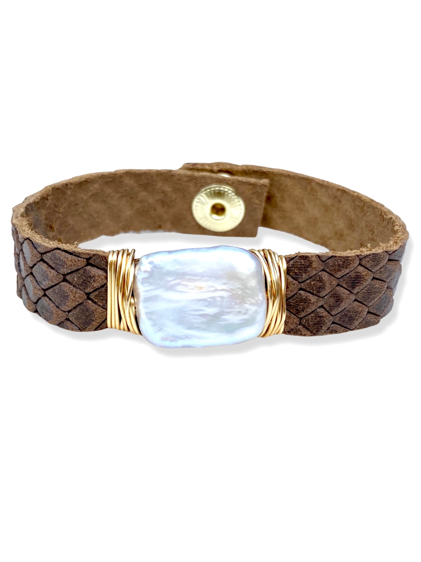 Leather Snap Bracelet- Pearl