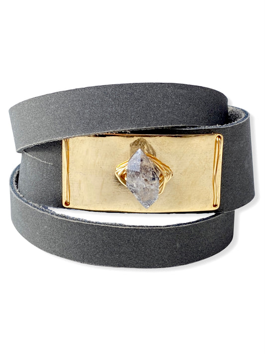 Gold Plate Wrap- Charcoal Leather & Herkimer Diamond