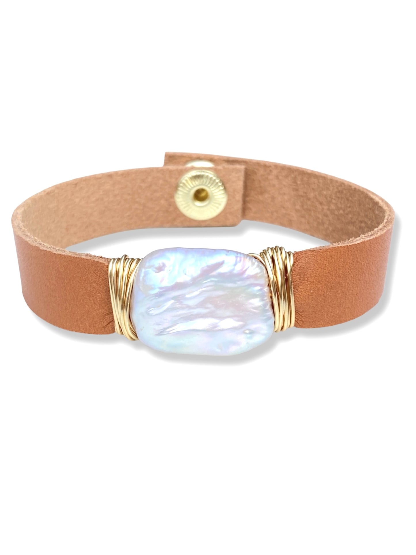 Leather Snap Bracelet- Pearl